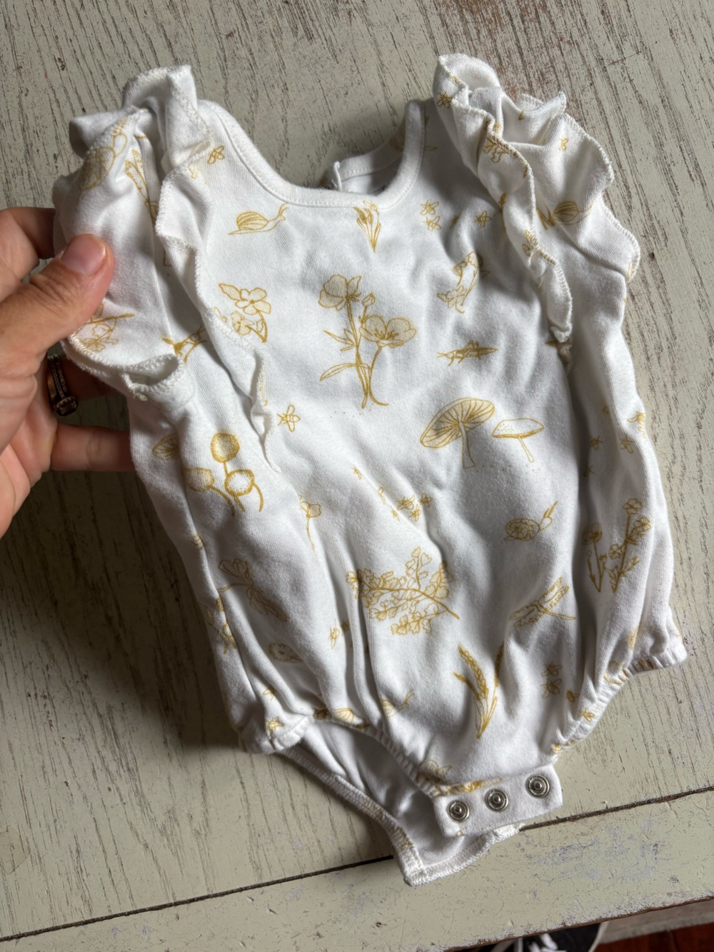White & Gold Floral Ruffle Baby Bodysuit